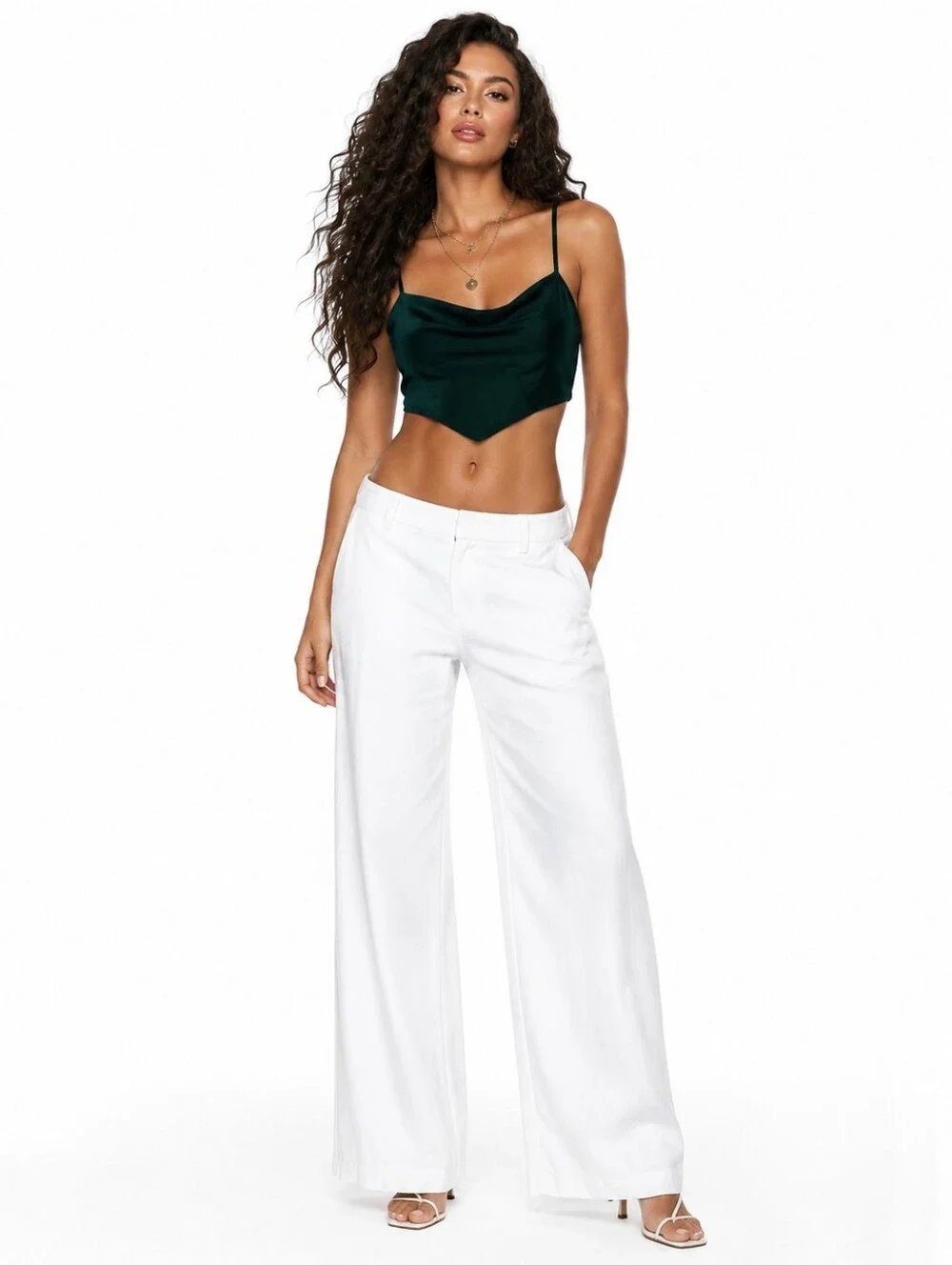 Forever 21 Emerald Green Satin Cowl Neck Crop Cami Top Small - Picture 7 of 9